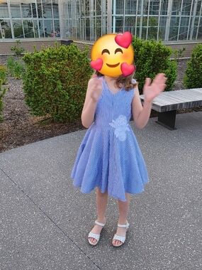 Girls Blue Striped Floral-Applique Party Dress